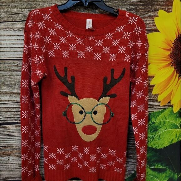 No Boundaries Christmas Women's Pullover Long Sleeve Sweater, Reindeer Pre-owned - Picture 1 of 6